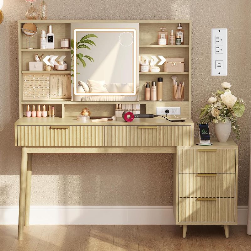 Photo 1 of VASAGLE MAXE Collection - Vanity Desk with Sliding Mirror and Lights, Mid Century Modern Fluted Makeup Vanity with 10x Magnifying Mirror, Charging Station, Jewelry Storage, Oak Beige