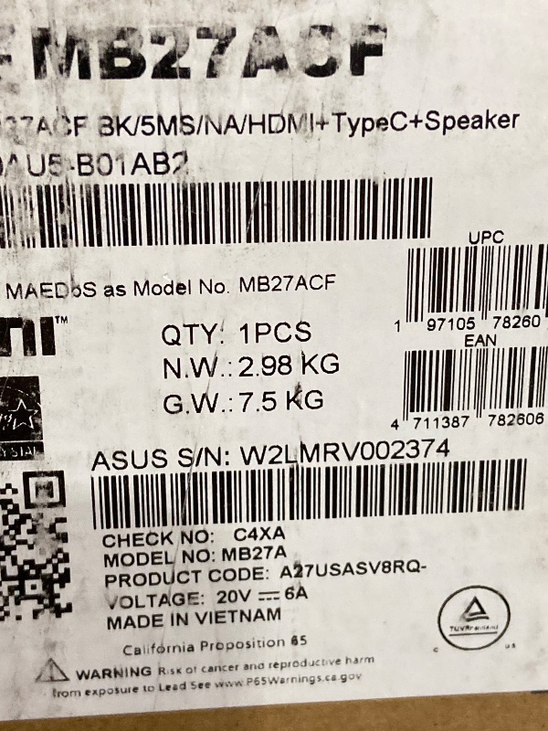 Photo 1 of ASUS ZenScreen 27” 1440P Transportable Monitor (MB27ACF) - QHD (2560 x 1440), IPS, 100Hz, USB-C PD 70W, Speakers, Carrying Handle, Kickstand, C-clamp, Sub-woofer, 2.1 Channel Audio, 3 yr Warranty