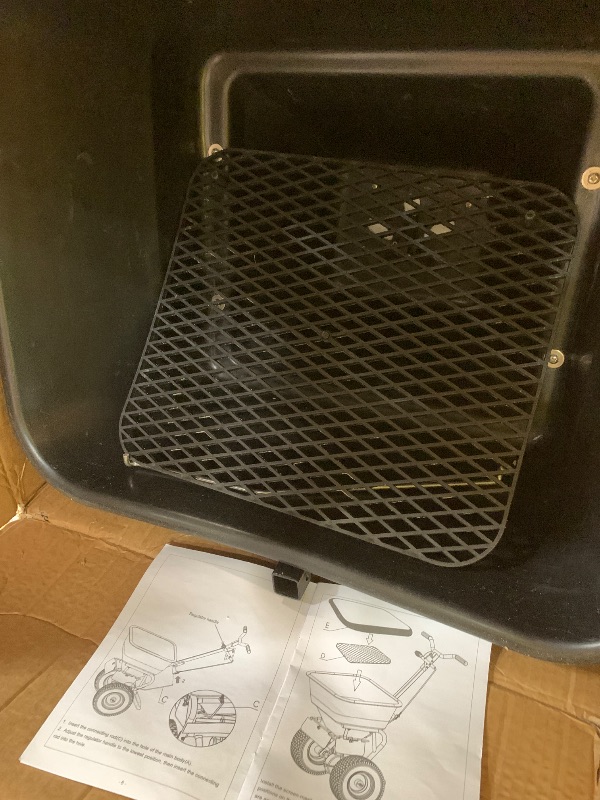 Photo 1 of ***MISSING PARTS, PARTS ONLY **** VEVOR Broadcast Spreader, 100LBS Capacity, Walk-Behind Push Spreader, 0-9.8ft Spreading Width, 13 in All Terrain Pneumatic Tires, Fertilizer Spreaders with Hopper Grate, for Seed Salt Ice Melt