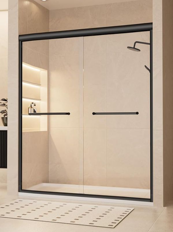 Photo 1 of Glass Shower Door 56-60" W x 72" H, Semi-Frameless Sliding Shower Door, 1/4"(6mm) Clear Tempered Glass with Nano Coating & Explosion-Proof Film for Walk-in Shower, Matte Black