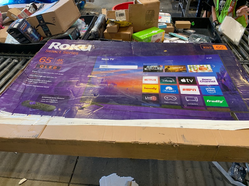 Photo 1 of **DAMAGED, SOLD FOR PARTS** Roku Smart TV 2026 – 65-Inch Select Series, 4K QLED TV – Roku TV with Voice Remote – Flat Screen QLED Television with Wi-Fi for Streaming Live Local News, Sports, & Movies – Bluetooth Headphone Mode