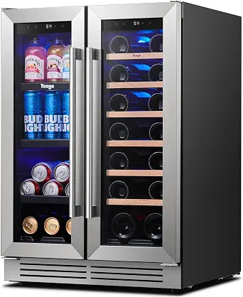 Photo 1 of Yeego Wine and Beverage Refrigerator - 24 Inch Dual Zone Wine Fridge 60 Can & 20 Bottle, 36-72°F Cooler Built in Under Counter Fridge with Glass Door for Beer Soda Drink Home Bar Office