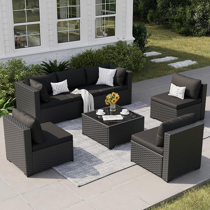 Photo 1 of Patio Furniture Set, 7-Piece Outdoor Sectional All-Weather Wicker Patio Conversation Set for Backyard, Poolside, Garden, Black