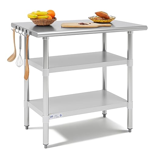 Photo 1 of Hally 24 x 36 Inch Stainless Steel Prep Table, NSF Certified Commercial Kitchen Work Table with 2 Adjustable Undershelves and Removable Hook, Heavy Duty Utility Table for Restaurant Home Garage