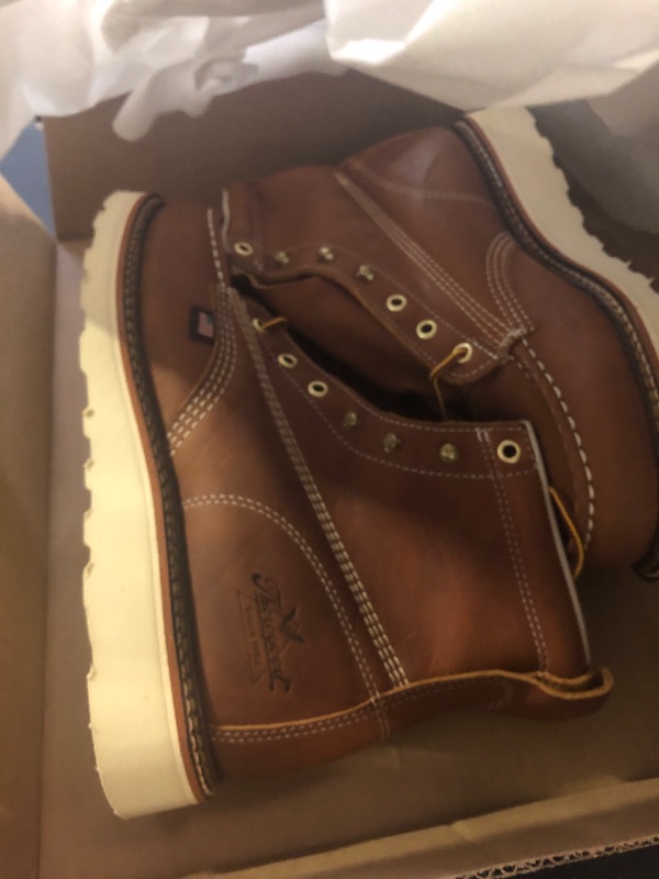 Photo 1 of Thorogood American Heritage 6” Moc Toe Work Boots for Men - Soft Toe, Premium Full-Grain Leather with Slip-Resistant Wedge Outsole and Comfort Insole; EH Rated, Tobacco - 9 2E