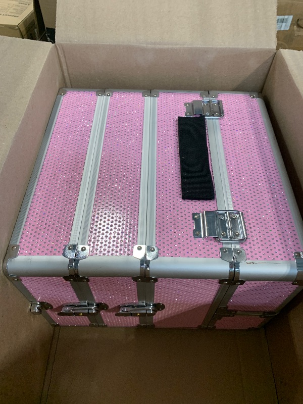 Photo 1 of **MISSING 2 PARTS**
CHUANGJIN Professional Rolling Makeup Case with Wheels, 5-in-1 Makeup Train Case, Cosmetic Makeup Trolley Cart Travel Cosmetology Case On Wheels with Key for Hairstylists, Nail Tech (Pink Crystal)