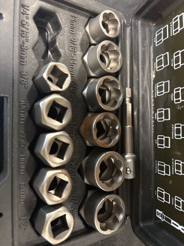 Photo 1 of **DIRTY/MISSING PARTS**
Bolt Extractor Kit, 14 PCS Impact Bolt & Nut Remover Set with 3/8 Inch Adapter, Upgrade Stripped Bolt Extractor Socket Set with Portable Tool Box, Easy Out for Rusted, Damaged, Round Bolt Nuts Screws