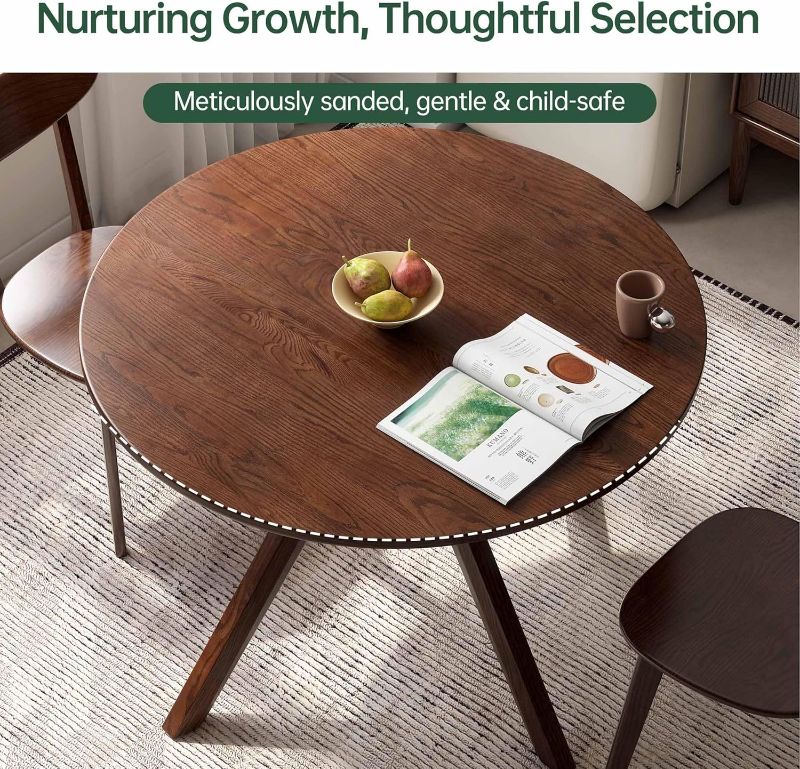 Photo 1 of Round Dining Table for 4, Solid Wood Oak Kitchen Table with Intersecting Pedestal Base, Farmhouse Wooden Kitchen Table, Circle Dinner Table for Dining Room, Living Room, Office, Walnut