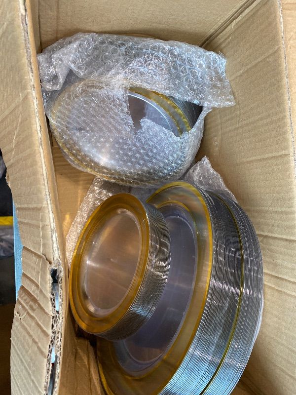 Photo 1 of (PARTIAL) QualQuot 200PCS Clear Plastic Plates with Gold Rim, Disposable Heavy Duty Plastic Plate, 100 Dinner and 100 Dessert Plates for Party and Wedding
