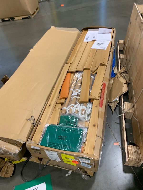 Photo 1 of ***MULTIPLE BOXES*** ***PICK UP WITH TRUCK*** ***DAMAGED PACKAGING*** Backyard Discovery Mount Mckinley Cedar Wood Swing Set with Wave Slide, Play Deck, Double Rock Wall, Rope Ladder, Web Swing, Belt Swings, Toy Telescope, Steering Wheel, Sandbox Area, Ou