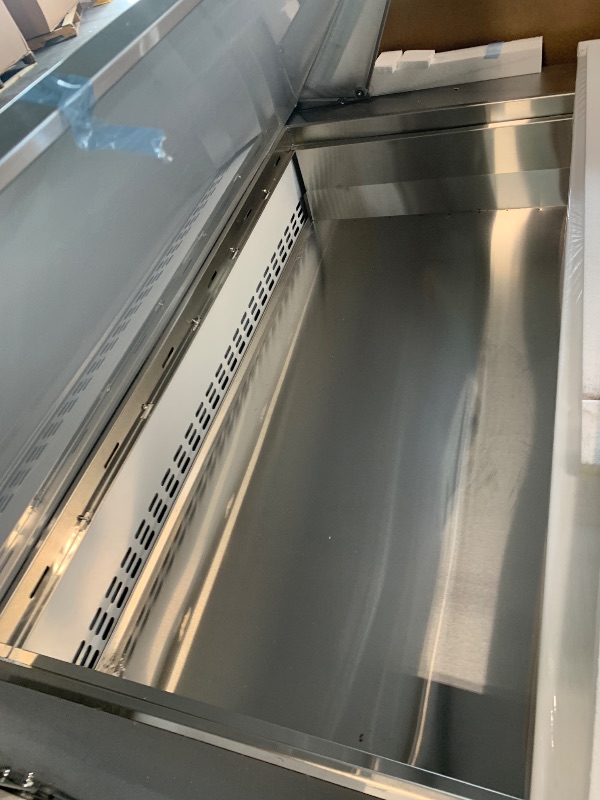Photo 1 of ***ITEM IS DAMAGED*** ***PICK UP WITH TRUCK*** FSE 18 Pan 2-Door Mega-Top Sandwich Prep Table, 48-3/8" W, Stainless Steel/Aluminum, 7.2 Cu Ft, 33-40°F Temp Range, 1/6 Pan Size, Rear-Mounted Compressor, Cutting Board, Casters, 115V