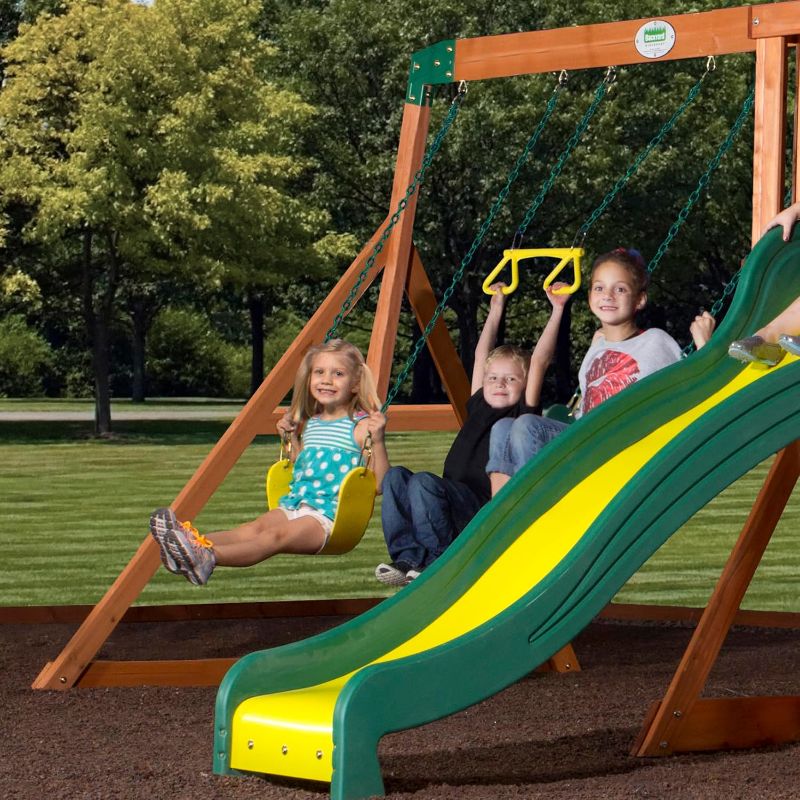 Photo 1 of ** SET TWO BOXES** Backyard Discovery Tanglewood Cedar Wood Swing Set with Wave Slide, Clubhouse, Playhouse, Covered Snack Bar Window, Bench, Rock Wall Ladder, Belt Swings, Trapeze, Porch, Step Ladder, Outdoor Playset