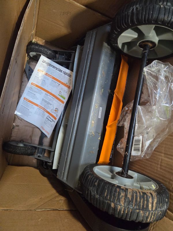 Photo 1 of ***MISSING SCREWS AND HANDLE*** Fiskars Push Mower, Cut Width Manual Reel Mower with No Motor, Eco-Friendly Manual Reel Lawn Care, 18", Black