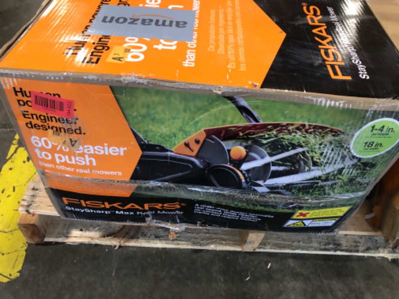 Photo 1 of ***MISSING SCREWS AND HANDLE*** Fiskars Push Mower, Cut Width Manual Reel Mower with No Motor, Eco-Friendly Manual Reel Lawn Care, 18", Black