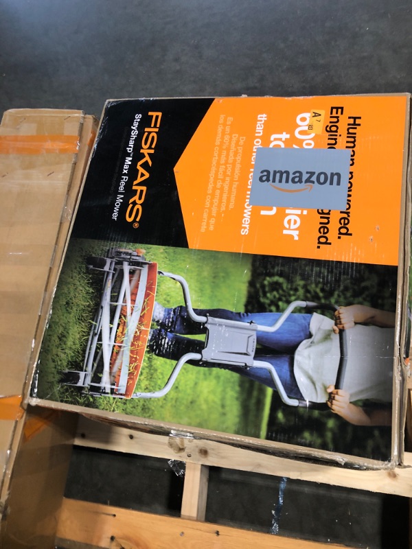 Photo 1 of ***MISSING SCREWS AND HANDLE*** Fiskars Push Mower, Cut Width Manual Reel Mower with No Motor, Eco-Friendly Manual Reel Lawn Care, 18", Black