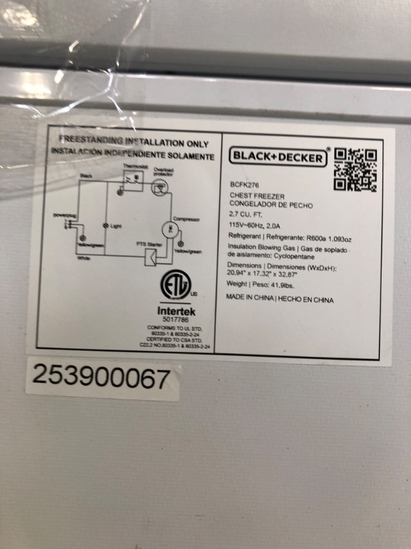 Photo 1 of *** MINOR DAMAGE MAKRS*** BLACK+DECKER 2.7 Cu. Ft. Compact Chest Freezer, Deep Freezer Holds Up To 94.5 Lbs. of Frozen Food, Removable Storage Basket, BCFK276, White