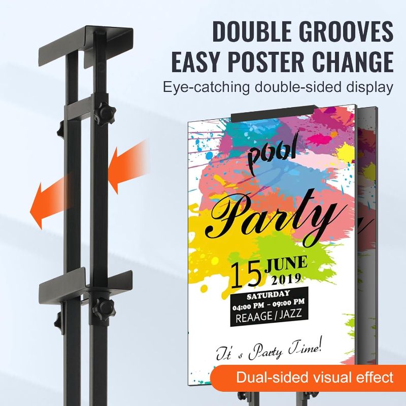 Photo 1 of ***SIMILAR***
VEVOR Poster Stand, Adjustable Height Up to 75", Double-Sided Heavy Duty Pedestal Sign Holder, Floor Standing Sign Holder Banner Stand with Shock-absorbing Base for Display, for Board and Foam, Black