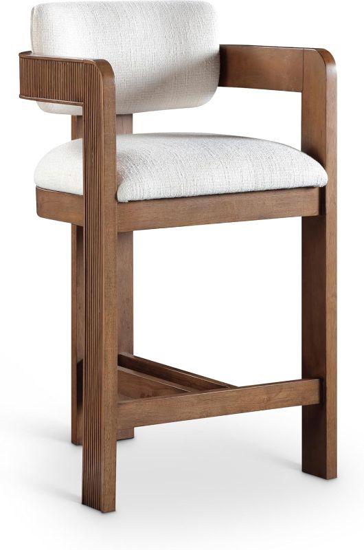 View 1 of **COLOR IS NOT THE SAME**Meridian Furniture 11076Cream-C Sacha Collection Art Deco Stool with Rich Cream Linen Textured Fabric, Two Tone Weave, Solid Wood Brown Walnut Finish, Fluted Wood, 20.5" W x 21" D x 37.5" H, Cream