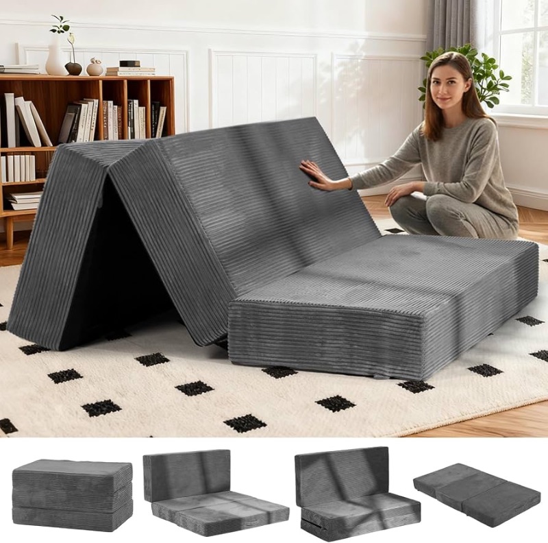Photo 1 of ***STOCK PHOTO FOR REFERENCE ONLY***6-Inch Tri-Fold Foldable Mattress, Folding Sofa Bed with Removable Washable Cover, Portable Futon Mattress Full Size Floor Guest Mat with Non-Slip Bottom & Carry Handles for Camping (Grey, Queen)