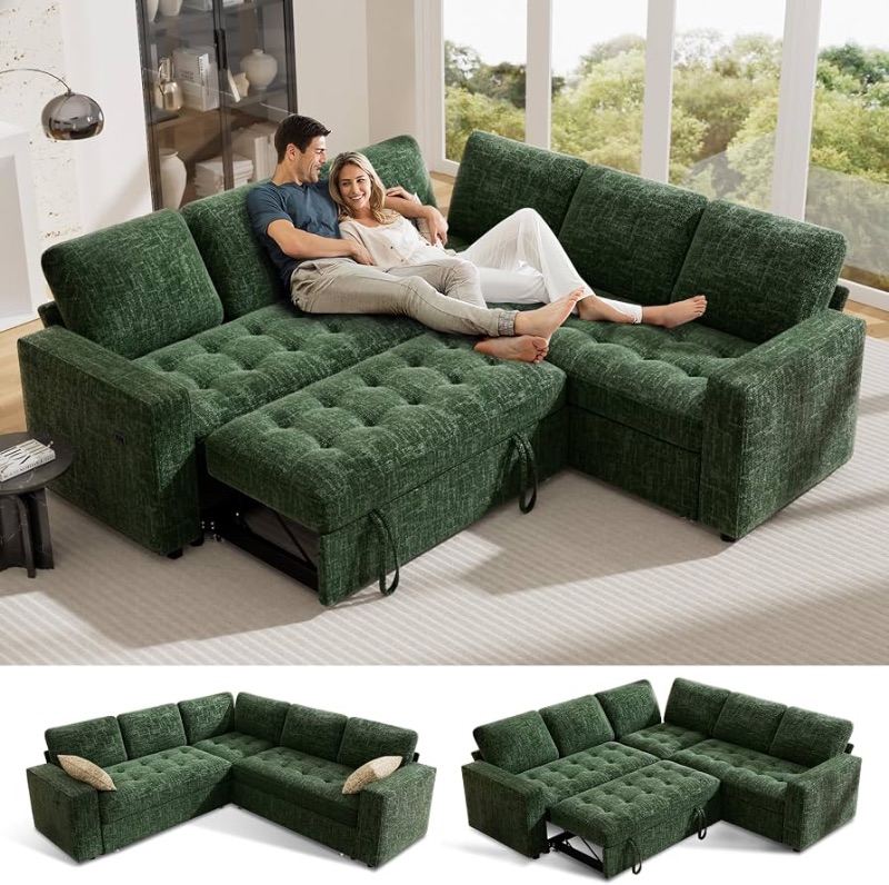 Photo 1 of ***STOCK PHOTO FOR REFERENCE ONLY*** Vipbear 5 Seat L Shaped Modular Sectional Sleeper Sofa Bed with Pull Out Bed/Reclining Backrest/USB Ports/Storage Seat, Sectional Sleeper Couch, Tool-Free Assembly, Chenille Green