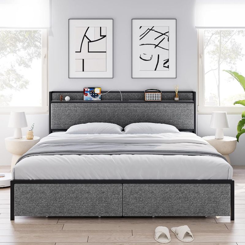 Photo 1 of ***STOCK PHOTO FOR REFERENCE ONLY*** Bed Frame with USB Port & Outlets and 2 Drawers, Upholstered Platform Bed with Headboard, Modern Bed Frame with Underbed Storage, No Box Spring Needed, Noise Free, Easy Assemble, King