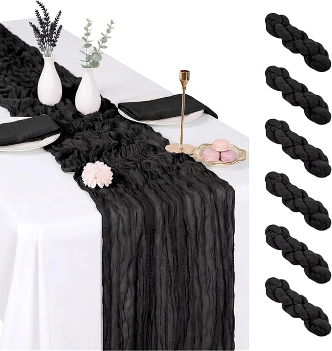 Photo 1 of 6 Pack Black Cheesecloth Table Runner 17x108 Inch Boho Rustic Semi Sheer Gauze Cheese Cloth Table Runner for Wedding Bridal Shower Baby Shower Party Farmhouse Dining Table Decor