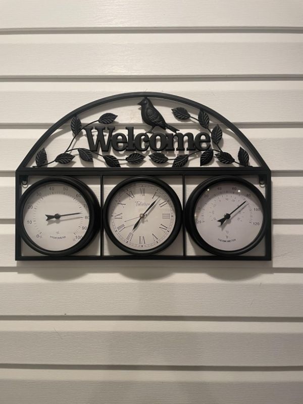 Photo 1 of Tulivios 26Inch Large Outdoor Clock,Waterproof Wall Clock with Thermometer and Hygrometer Combo,Weatherproof Non-Ticking Battery Operated Decor Clock for Patio,Garden,Pool,Porch,House Warming Gifts
