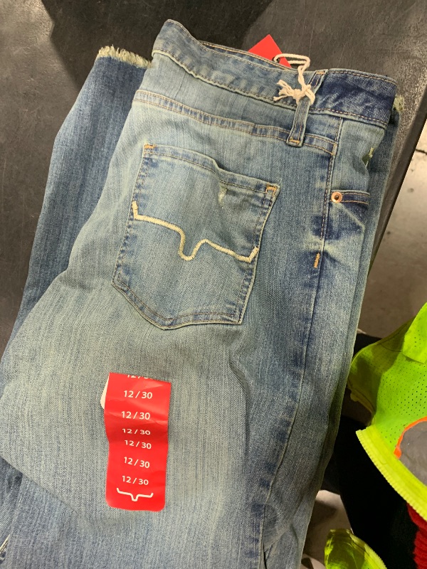 View 3 of Kimes Ranch Women's Olivia Casual Western High Rise Waist Stove Pipe & Wide Leg Raw Hem Light Wash Denim Jeans, 12-30