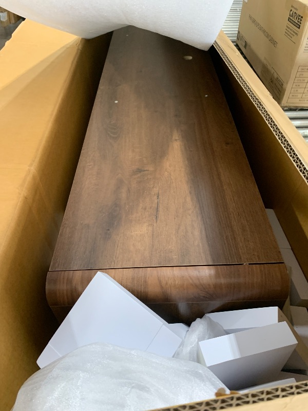 Photo 1 of POVISON Fully-Assembled Minimalist Floating TV Stand with LED Lights, Modern Wall-Mounted Media Console with 4 Flip-Down Cabinet Doors for 85 Inch TV, Walnut Veneer, 94"