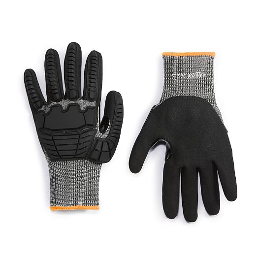 Photo 1 of Amazon Basics Impact Protection Work Gloves - Cut Level A2, ANSI Level 4 Abrasion, Touchscreen Compatible, 15G Sandy Nitrile Palm, Medium, 10 Pack, Black with Blue Edge size small