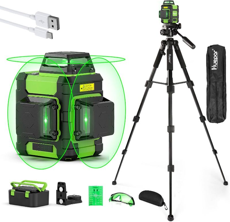 Photo 1 of par Laser Level 360 with Tall Tripod Self Leveling Rechargeable HM03CGT | 50" Tripod, 8?hour Battery Life, USB?C Charging, For Construction and Hanging Picture, Pluse Mode, Hard Carry Case, Glasses