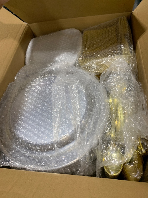 Photo 1 of BESTVIP 600PCS Clear Gold Plastic Plate Set (100 Guests), Plastic Plates for Party Wedding Birthday, Disposable Dinnerware Set of 200 Plates, 200 Forks, 100 Spoons, 100 Knives for Christmas