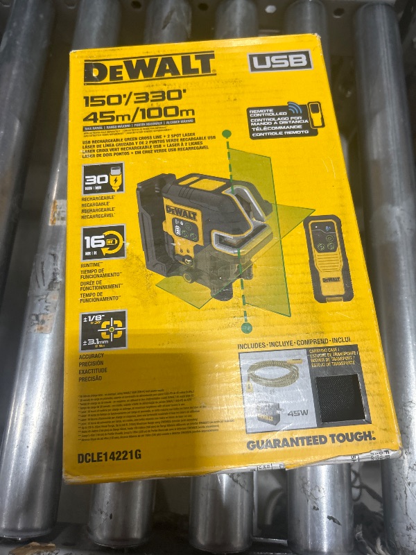 Photo 1 of DEWALT Green Laser Level, Cross Line 2 Spot USB Rechargable Laser Leveler Kit with Remote Control, USB-C Charger and Cable, Up to 150 Ft. (DCLE14221G)