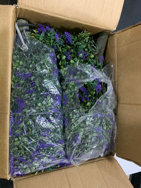 Photo 1 of HyeFlora 26'' Artificial Boxwood Topiary Trees with Lavender 2 Pack Fake Plants for Outdoor Indoor Artificial Shrubs with Metal Ground Spike UV Resistant Fake Bushes for Front Porch Garden, Purple