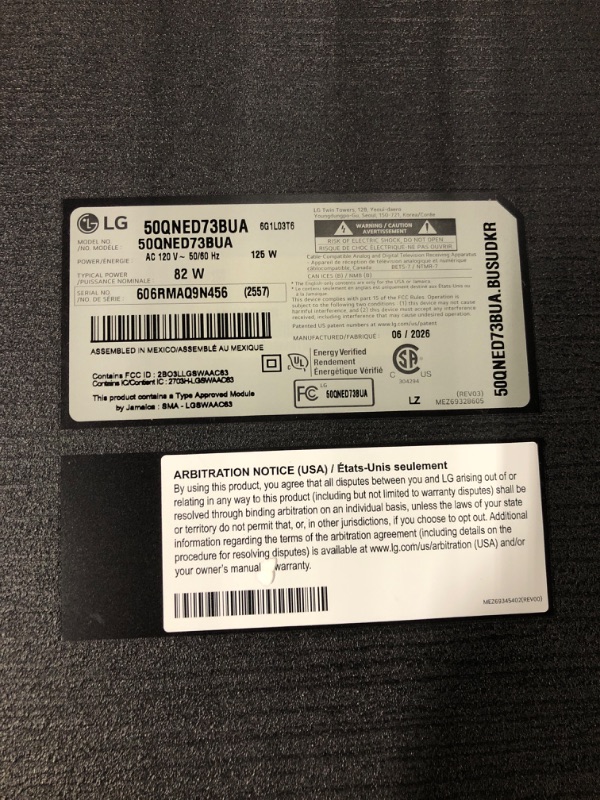 Photo 1 of ***FINAL SALE NO RETURN ***
PARTS
 LG Amazon Exclusive 50-Inch Class QNED AI 4K QNED73 Series Mini LED Smart TV w/AI Sound Pro, HDR10, AI 4K Super Upscaling, Filmmaker Mode, Wow Orchestra, Compatible with Alexa (50QNED73BUA, 2026)