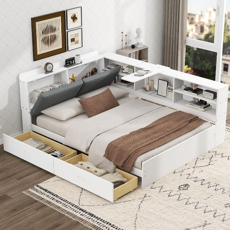 Photo 1 of **incomplete set, missing one box** Wood Platform Bed with Storage Headboard, Storage Bed with Shelves and 2 Drawers for Bedroom,No Boxspring Required (White, Full)