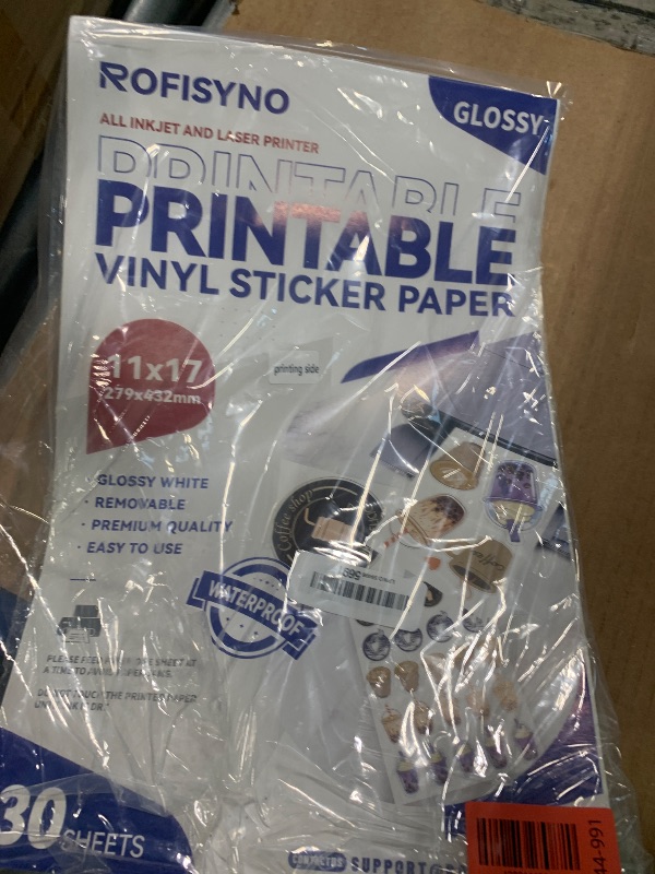 Photo 1 of 11x17 Printable Vinyl Sticker Paper Waterproof, Removable Self Adhesive Vinyl Sticker Sheets for Inkjet and Laser printer, 30 Pack, Tabloid Size, Glossy White