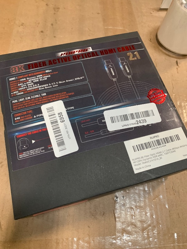 Photo 1 of ** DAMAGE ** ** 8/9 SOLD AS PARTS// FINAL SALE*** 
RUIPRO 8K Fiber Optic HDMI 2.1 Cable, 48Gbps, 8K60, 4K120, HDR, eARC, 100FT