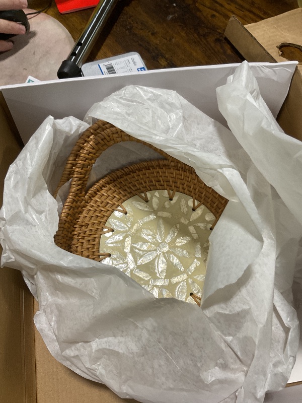 Photo 1 of **MISSING ONE**3 Handwoven Round Rattan Trays with Natural Shell Inlay, Boho Decorative Wicker Serving Trays with Handles for Home Decor, Coffee Table, ottoman, Tea, patio & Party