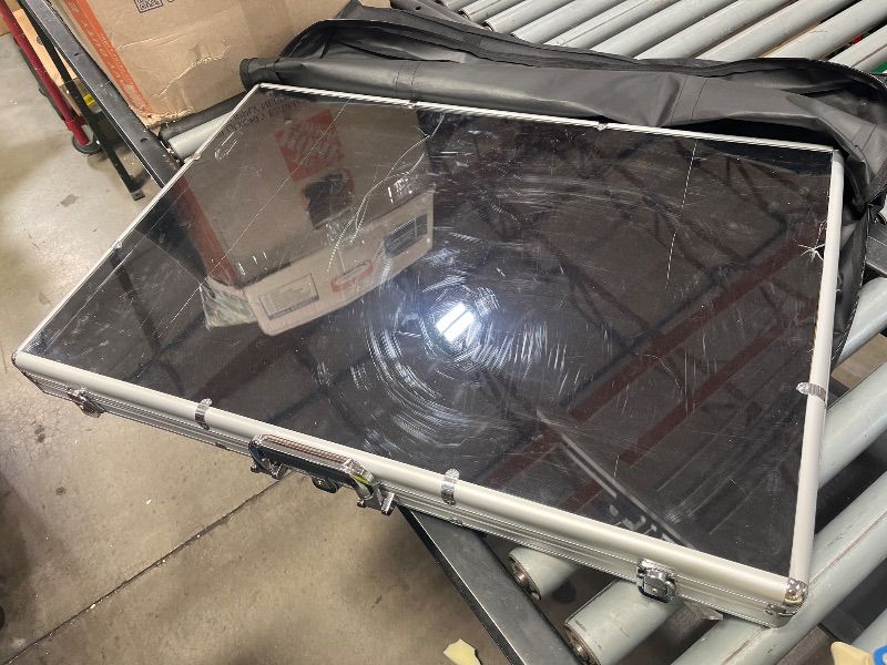 Photo 1 of **OUTSIDE GLASS HAS SOME SCRATHES AND ONE CRACK** Card Display Case Aluminum Trade Show Display Case Large Portable Trading with Lock for Collectibles, Sports Cards. 34IN x 22IN - Black