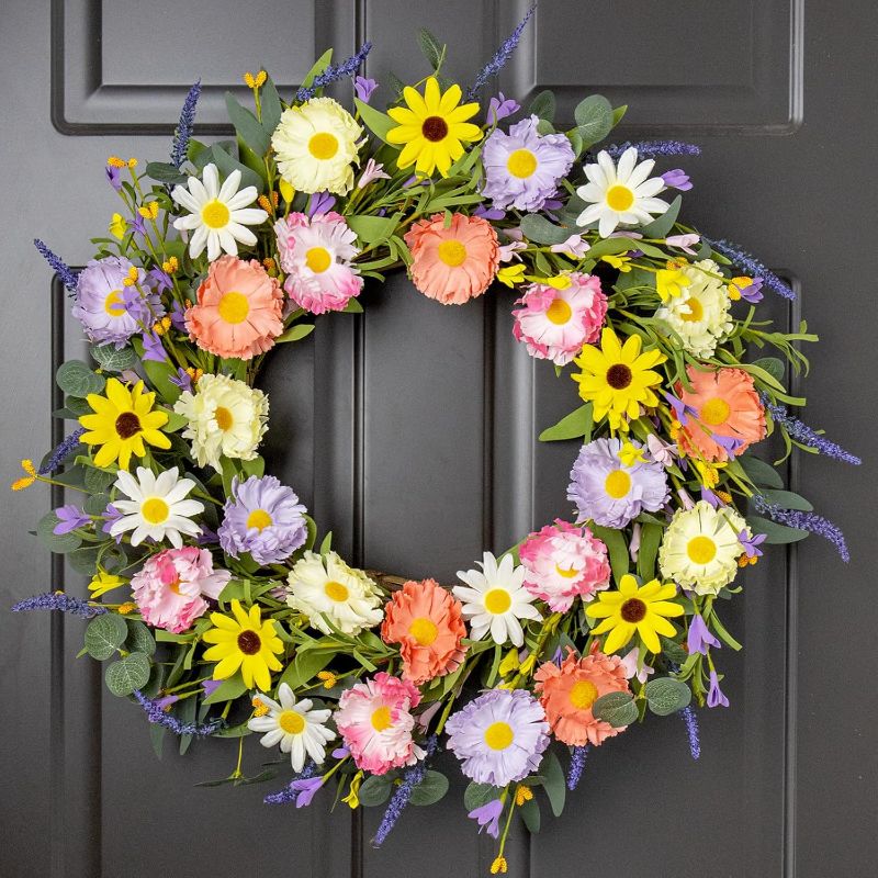 Photo 1 of VioletEverGarden Spring Wreaths for Front Door 22 Inch Spring Wreath 6 Colors Summer Wreath with Lavender Daisy and Eucalyptus for Indoor Outdoor Holiday Celebration
