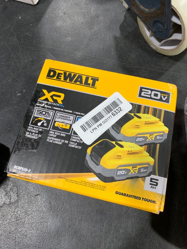 Photo 1 of DEWALT Powerstack 20V MAX Battery, Rechargeable, 5Ah, Lithium Ion, 2-Pack (DCBP520-2)