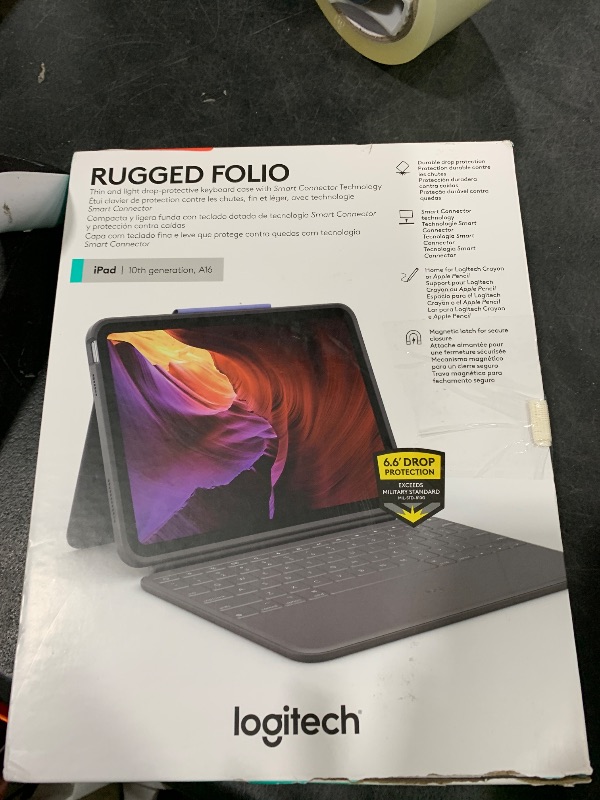 Photo 1 of Logitech Rugged Folio Keyboard Case for iPad (10th gen & A16) with Smart Connector and Durable Spill-Proof Keyboard - Graphite