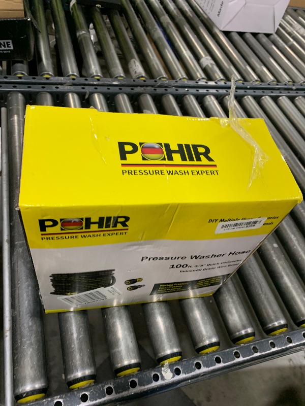 Photo 1 of POHIR Power Washer Hose 100FT with 3/8'' Quick Connect, High Tensile Wire Braided Car Wash Water Hose with 2 Quick Connect Kits Compatible M22 14 mm, 1/4 Inch Hose for Pressure Washer, 4200 PSI