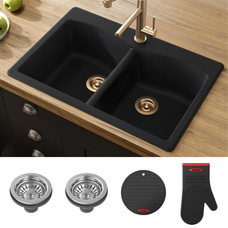 Photo 1 of Kraus KGD-52 Forteza 33" Undermount Double Basin Quartz Composite Kitchen Sink with Basket Strainer Black Sinks Kitchen Sinks Composite
