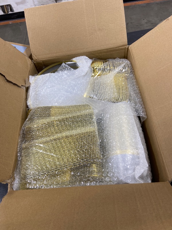 Photo 1 of BESTVIP 600PCS Clear Gold Dinnerware Set for 100 Guests, Plastic Plates for Party, Christmas and New Year, 100 Disposable Plates, 100 Dessert Plates, 100 Cups, 100 Spoons, 100 Forks and 100 Knives
