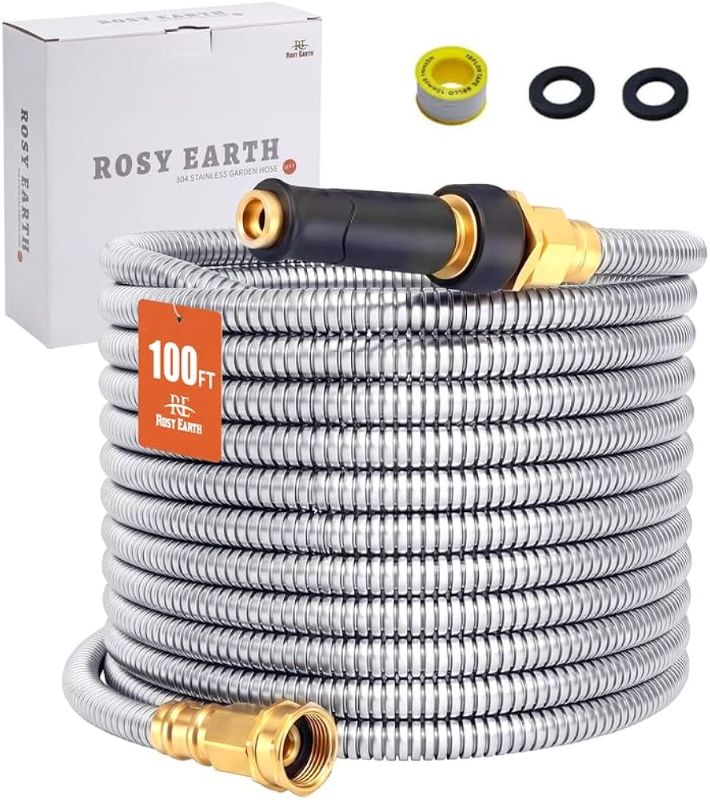 Photo 1 of Rosy Earth Stainless Steel Garden Hose 100 FT, Heavy Duty Expandable Water Hose, No-Kink, No Bite, Flexible Garden Hoses for Yard, RV, Car