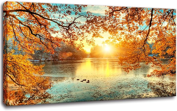 Photo 1 of ***SIMILAR ITEM*** Framed Large Lake Sunset Wall Art, Oversized Natural Landscape Wall Decor for Living Room, Tree Leaves Canvas Painting Pictures Home Decoration for Living Room Bedroom Office 60"x30"