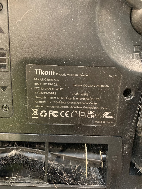 Photo 1 of **MISSING CHARGER/DIRTY**
Tikom Robot Vacuum and Mop Combo, 5000Pa Robotic Vacuum Cleaner, 150 Min Max, App & Remote Control, Ideal for Hard Floor, Carpet, Pet Hair, Self-Charge(G8000 Max)