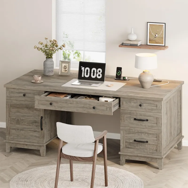 Photo 1 of **1 BOX OF 2**Garvee Farmhouse Executive Home Office Desk 60" with Power Outlets & USB Charging – Spacious Drawers & File Cabinet – Wooden Computer Writing Table for Study or Work – Classic Gray (AB Box)